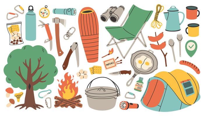 Camping and hiking simple set. Hand drawn elements outfit, tent, campfire, tree, sleeping bag. Perfect for scrapbooking, craft projects, posters, tags, sticker kit.