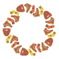 circular frame made of camping boots, socks, and beanies. The warm tones and simple style make it fun and friendly, great for sticker, tag, cards designs. vector