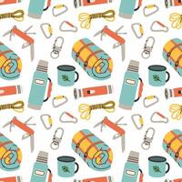 Seamless pattern with camping elements on white background. Colorful flat style. Hand drawn design for fabric, print, wrapper, textile vector