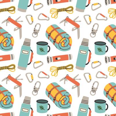 Seamless pattern with camping elements on white background. Colorful flat style. Hand drawn design for fabric, print, wrapper, textile