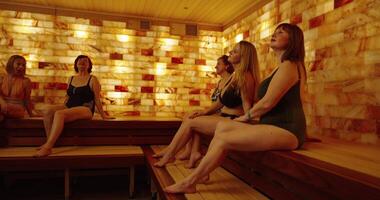 Relax Time In Sauna In Weekend Day, Group Of Carefree Women Relaxing In SPA video