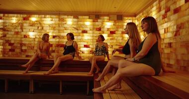 Sauna Session In Weekend Day, Group Of Ladies Relaxing In Sauna, Lose Weight And Keep Fit video