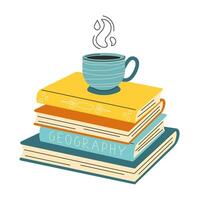 Cute stack of books lying on top of them stands a cup of coffee , isometric side view. Minimalistic style, light background, symbol of reading, knowledge and literature. vector