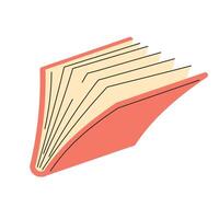 Open book with coral cover and fan of pages, isometric side view. Minimalistic style, light background, symbol of reading, knowledge and literature. vector
