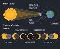 solar eclipse infographic. Stages of contact of the earth's satellite with the sun. Scheme of the direction of the sun's rays of light through the moon. Phases of solar eclipse on dark background vector