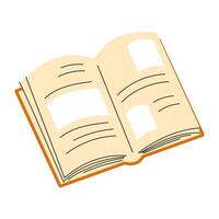 Open book with orange cover, top view from an angle. You can see the spread with text and illustrations. illustration in minimalistic style on white background. vector