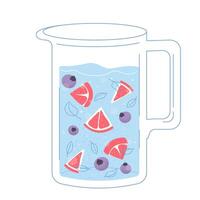 Glass water carafe blueberry grapefruit and mint in a flat outline style with texture. refreshing beverage vector
