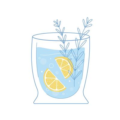 Water glass with lemon and mint flat outline style with texture. refreshing drink