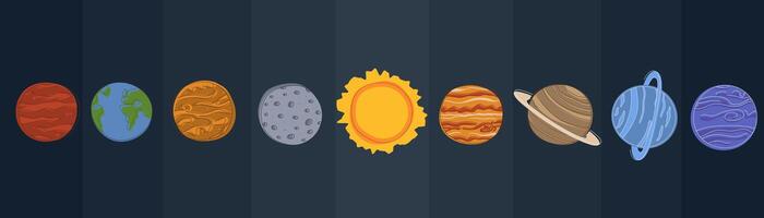 Solar system planets in a horizontal layout. flat doodle concept for astronomy visuals, posters, and school materials. vector