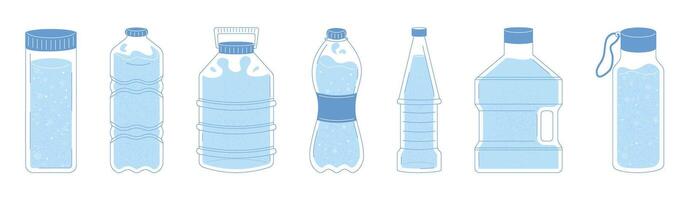 Collection of water bottles in different shapes and styles. Plastic bottle set for various uses. Set of plastic bottle icons in blue color. Flat outline style with textures vector