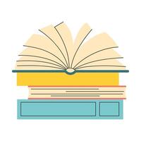 Open book with side view lying on a stack of books. pages in motion. illustration in minimalistic style on white background. vector