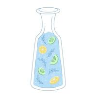 Glass water carafe with orange and cucumber in a flat outline style with texture. vector
