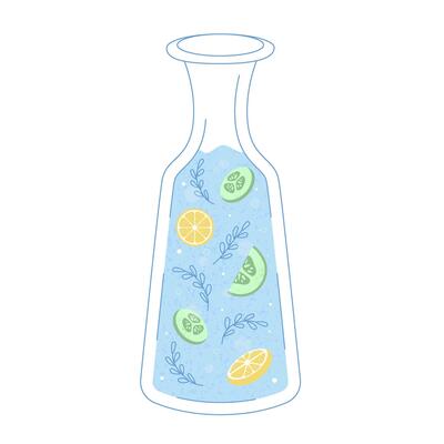Glass water carafe with orange and cucumber in a flat outline style with texture.