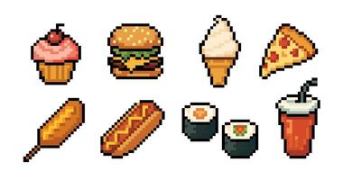 Fast Food Icons Set with Snacks and Sweets in Pixel Art style. Pixel food icon set with fast food and sweets including burger, pizza, soda, ice cream, cupcake, sushi, and hot dog. illustration vector