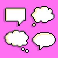 Retro Pixel Dialogue and Thought Balloons Pack. Set of pixel art speech bubbles in retro style. for comic design, games, digital art, stickers, social media graphics, and UI elements vector