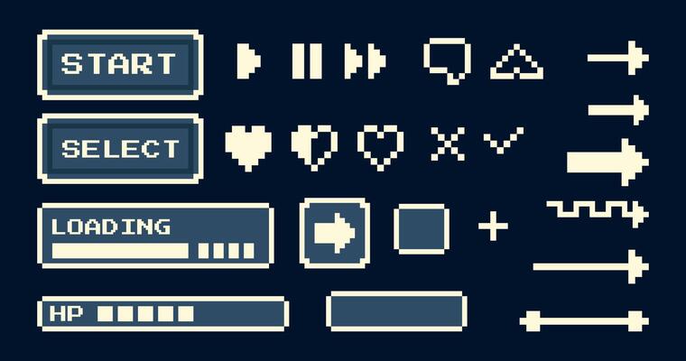Game UI elements Set retro pixel with start buttons, arrows, loading bars, health points, hearts, controls, game design, pixel art interfaces, mobile game, nostalgic projects. illustration