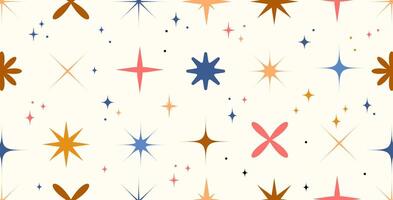 Seamless retro star pattern with colorful starbursts and sparkles in vintage style, ideal for textiles, wallpapers, wrapping paper, backgrounds, stationery, and surface design. illustration vector