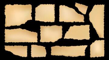 Old torn vintage paper pieces set of different shapes, with rough edges on black background, perfect for scrapbooking, collage design, web graphics, posters, digital art projects. illustration vector