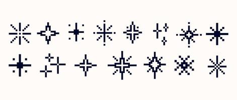 Retro star and sparkle icons set in 8 bit Pixel art style. Pixelated Light Burst . retro game design, UI effects, magical animations, collectibles, badges, pixel digital artwork. illustration vector