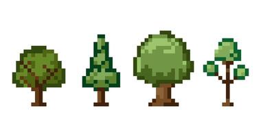 Set of pixel art trees in retro 8 bit style featuring green tree types with blocky design, perfect for games, mobile apps, fashion print, design element, UI, animation, digital projects. vector