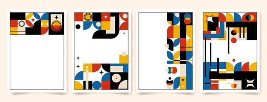 Collection of abstract geometric posters in Bauhaus inspired design using bold primary colors and modern shapes, ideal for creative branding, flyer templates, web design, art prints, packaging. vector