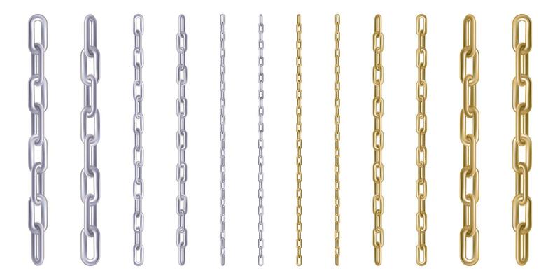 Jewelry straight chain set, 3d render. Golden and silver heavy rings connected. Weak or strong platinum link. Metal hanging straight border for blocked content. Secret item, high risk security protect