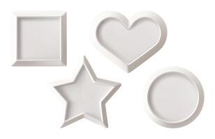 Photo frame set. White picture on beige wall, mock up. 3d isolated wooden modern poster layout template. Round rectangular, square star, heart ovals shapes of realistic shadow gallery decor vector