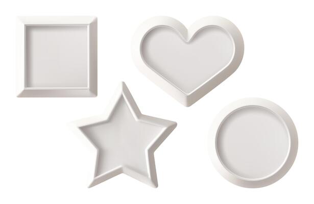 Photo frame set. White picture on beige wall, mock up. 3d isolated wooden modern poster layout template. Round rectangular, square star, heart ovals shapes of realistic shadow gallery decor