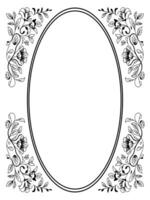 Elegant floral oval border frame with intricate hand-drawn flower and leaf design in black and white vector