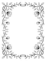 Decorative rectangular floral border frame with hand-drawn flowers and leaves in black and white vector