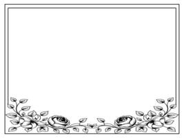 Elegant hand-drawn rose flower border with leaves in black and white for decorative frame or invitation card design vector