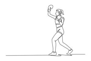 Continuous one line drawing aggressive female boxer training and practicing uppercut. Girl fighter exercising in indoor gym. Health, sport, motion. Single line draw design graphic illustration vector