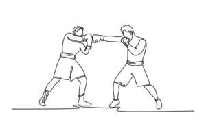 Single continuous line drawing boxer use various punch combinations, including the jab, hook, uppercut. Boxing champions win the round in boxing ring. One line draw graphic design illustration vector