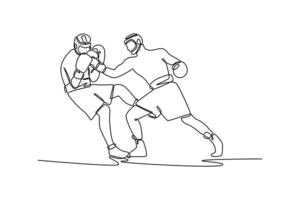 Single continuous line drawing muscular athlete striking his opponent with uppercut during boxing fight. Two young boxers having match in boxing ring. One line draw graphic design illustration vector