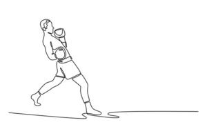 Continuous one line drawing attractive male boxer doing dodging punch skill training at the gym. Boxing workout and practicing self control process. Single line draw design graphic illustration vector