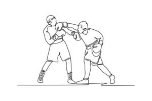 Continuous one line drawing aggressive athlete striking at his opponent with hook punch during boxing fight. Two boxers having match in boxing ring. Single line draw design graphic illustration vector
