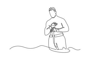 Single continuous line drawing muscular male boxer ready to exercise with his hands covered in boxing wraps. Active lifestyle, body, strength. Dynamic one line draw graphic design illustration vector