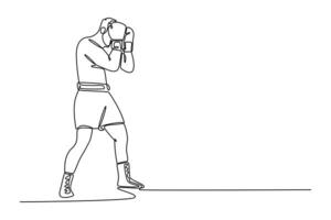 Continuous one line drawing professional boxer covering his face for defending himself during fight on boxing ring. Male fighter practicing at gym. Single line draw design graphic illustration vector