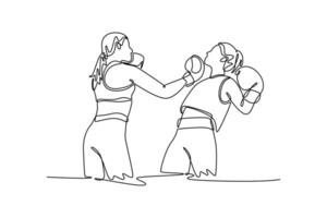 Single continuous line drawing active female athlete striking opponent with uppercut during boxing fight. Two woman boxers having match in boxing ring. One line draw graphic design illustration vector