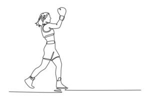 Continuous one line drawing determined active woman with sweating strong body practicing uppercut punch. Boxing athlete in motion, body, strength. Single line draw design graphic illustration vector