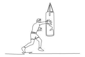 Single continuous line drawing strong male boxing athlete intensely training with punching bag, demonstrating strength, skill, motion, determination. One line draw graphic design illustration vector