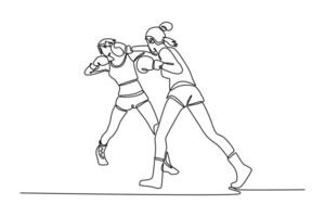 Single continuous line drawing female athlete striking at her opponent with the jab punch during boxing fight. Two boxers having match in boxing ring. One line draw graphic design illustration vector