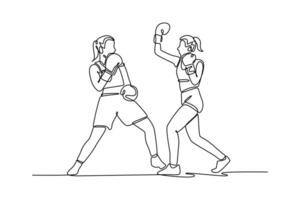Single continuous line drawing female boxer use uppercut punch combinations in boxing match. Getting in close to make opponent on ropes and knockout. One line draw graphic design illustration vector