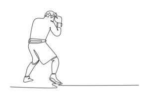 Continuous one line drawing back view young boxer demonstrating defense pose on boxing ring. Male fighter practicing for national boxing tournament. Single line draw design graphic illustration vector