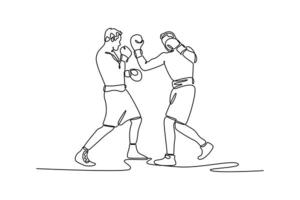 Single continuous line drawing boxer use jab and uppercut punch combinations in boxing match. Getting in close to make opponent on ropes and knockout. One line draw graphic design illustration vector