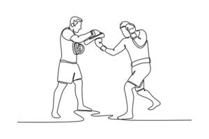 Single continuous line drawing boxer practicing uppercut punch drills with a personal trainer. Male boxer throwing punches on pads during training session. One line graphic design illustration vector