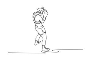 Continuous one line drawing back view woman boxer demonstrating defense pose on boxing ring. Attractive female fighter practicing for boxing match. Single line draw design graphic illustration vector