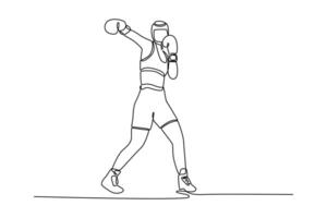 Continuous one line drawing woman boxer wearing protective head guard practicing jab punch before match, hard training with intensity at indoor gym. Single line draw design graphic illustration vector