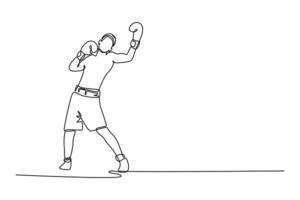 Single one line drawing aggressive boxer training and practicing uppercut. Fighter exercising in action. Health, sport, motion concept. Modern continuous line draw design graphic illustration vector