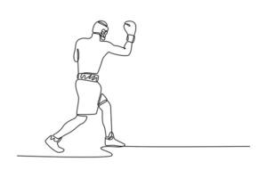 Single one line drawing determined muscular man with sweating strong body practicing uppercut punch. Boxing athlete in motion, body, strength. Continuous line draw design graphic illustration vector